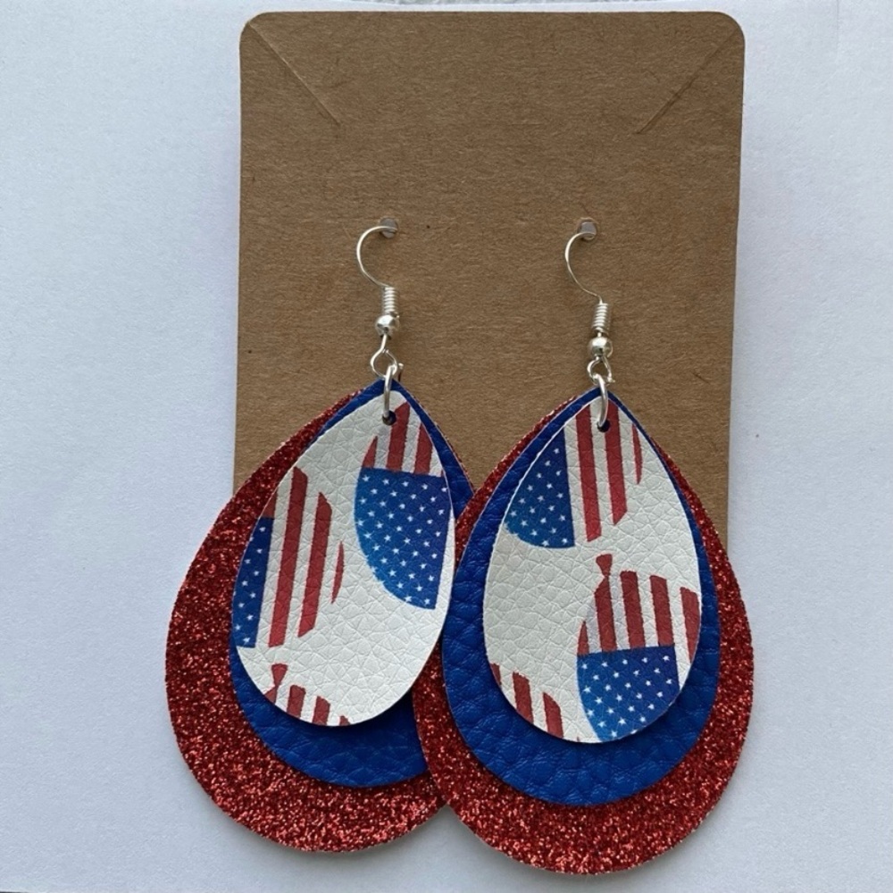 Hand Crafted Patriotic Faux Leather Layered Teardrop Dangle Earrings